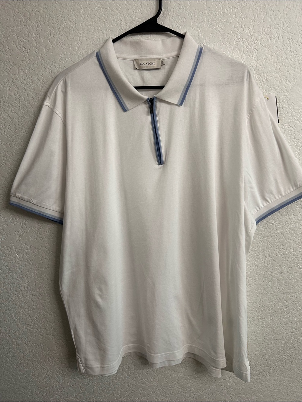 Bugatchi White Polo with Light Blue Trim - Men's Zip Collar